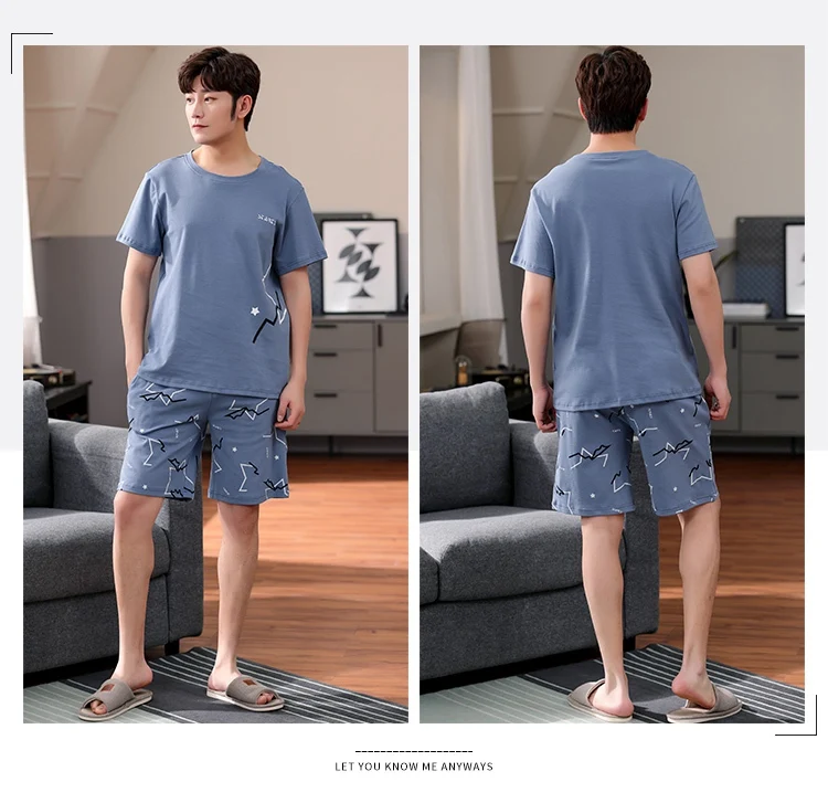 2022 Summer Plus Size Short Sleeve Cotton Print Pajama Sets for Men Korean Cute Sleepwear Suit Pyjama Male Homewear Home Clothes mens silk pajama set