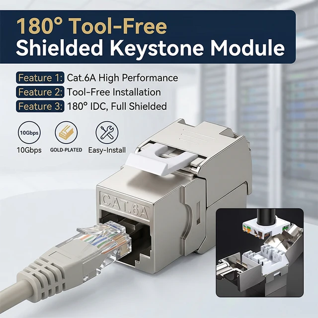 10 PCS-CAT.6A Shielded Tool-less RJ45 Keystone Jack, Up-Down Crimp  10Gbps Network Data Connector for Shielded Cable 1