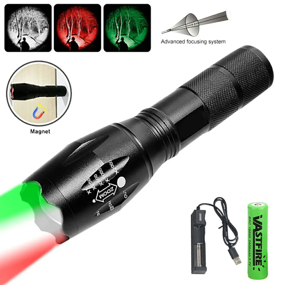 Red Green White Light 3 in 1 Flashlight outdoor Hunting Tactics Zoomable Torch