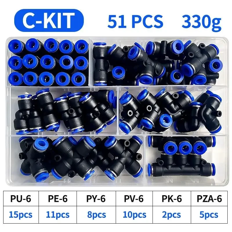 공압 커넥터 키트, 박스형 PU-6, PE-6, PZA-6, PY-6, PV-6, PG-6, PK-6, 호스 파이프 튜브, 6mm 외경, 51 PCs