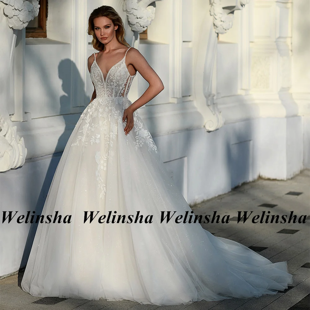 

2024 Wedding Dress for Bride Custom Size Sexy Spaghetti Straps V Neck Beading Applique Glitter Tulle A Line Bridal Gowns