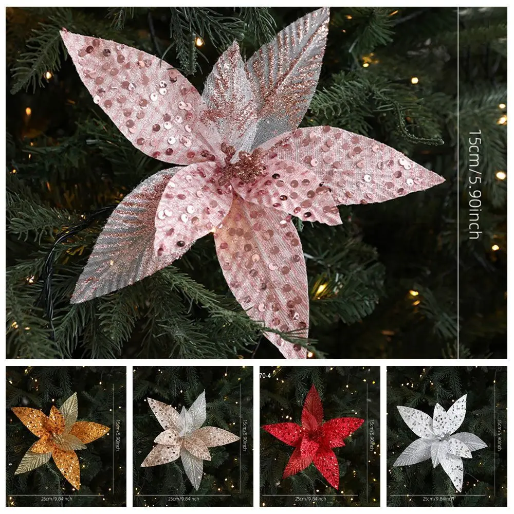 25cm Christmas Artificial Flowers Sequin Mesh Handmade Simulation Glitter Flower Hanging Decorative Xmas Tree Ornaments