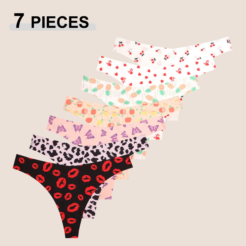 7Pcs Sexy Ice Silk Thongs For Women Fashion Ultra-thin Butterfly Leopard Print Fruit T-Back Panties Female Soft Cozy G-strings