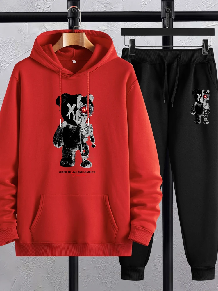 

Two Piece Set Casual Womens Hoodie And Pants Half A Teddy Bear, Half A Robotic Bear Print Sweatshirt Fleece Warm Pocket Clothing