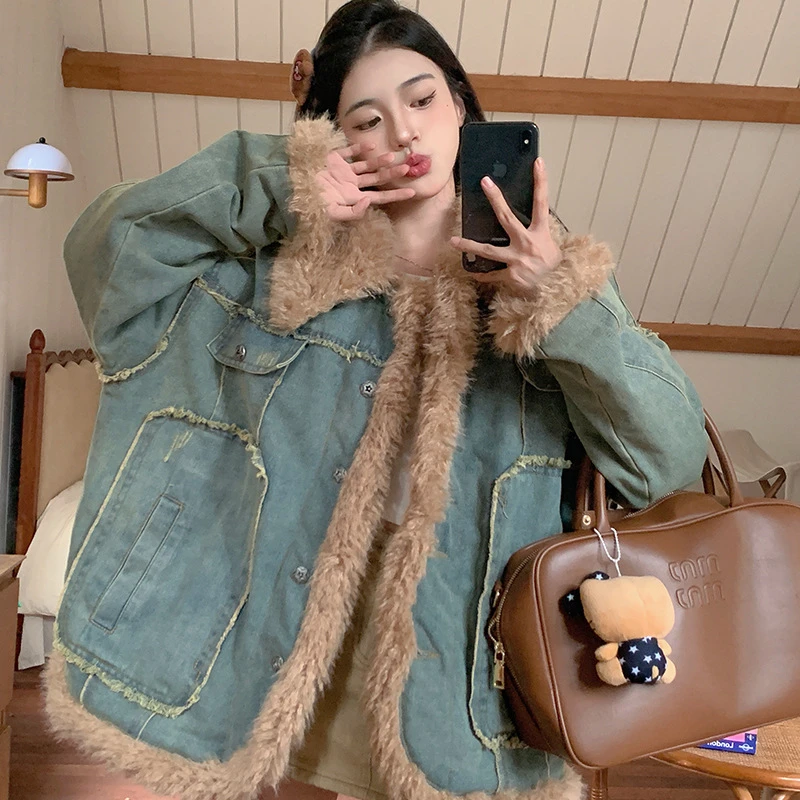 

Winter Denim Coat Women Fleece-lined Thickened Cotton-padded Clothes Women Loose Casual Retro Fur Stitching Jacket Coats Tops