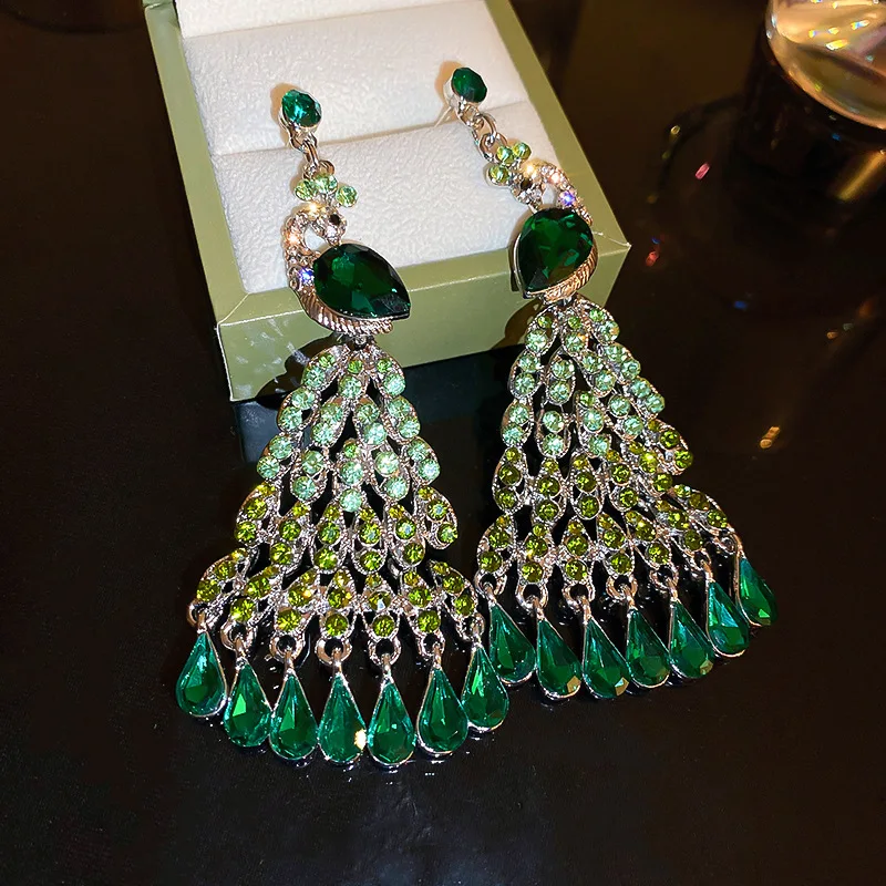 Luxury Peacock Rhinestone Earrings Ladies Long Green Crystal Drop