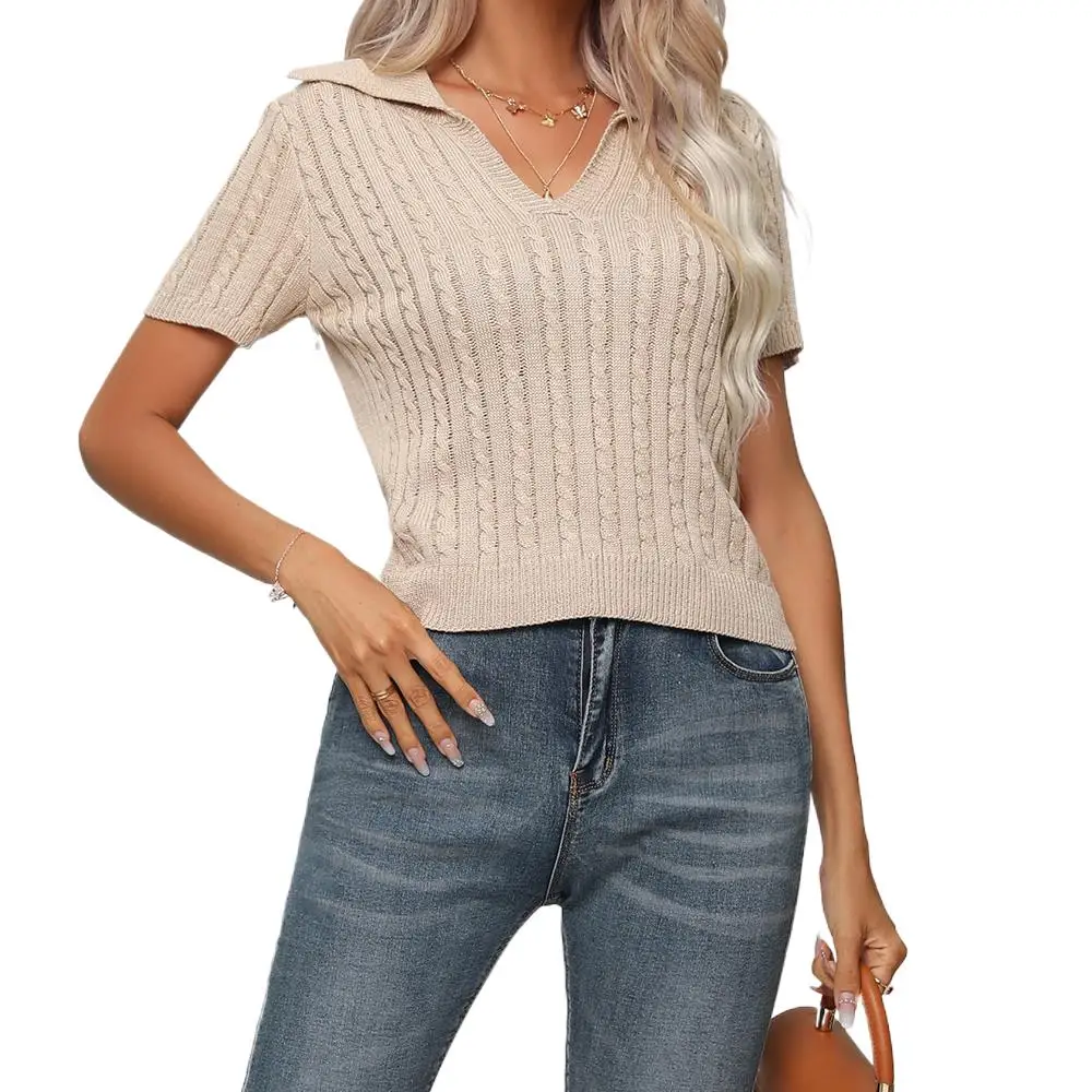 Women Short Sleeve Twist Knitted Loose Tshirt Tops
