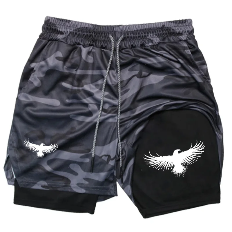 Eagle Print 2 in 1 Running Shorts for Men Gym Workout Compression Shorts with Phone Pocket Towel Loop Summer Sport
