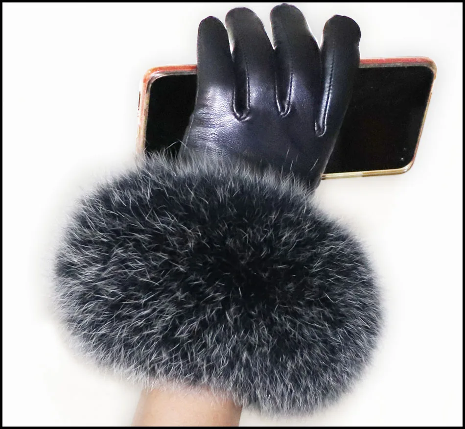 High-end Women's Colored Fox Fur Gloves Touch Screen Natural Leather Sheepskin Cycling Driving Winter Warm Plush Thick Mink Fur