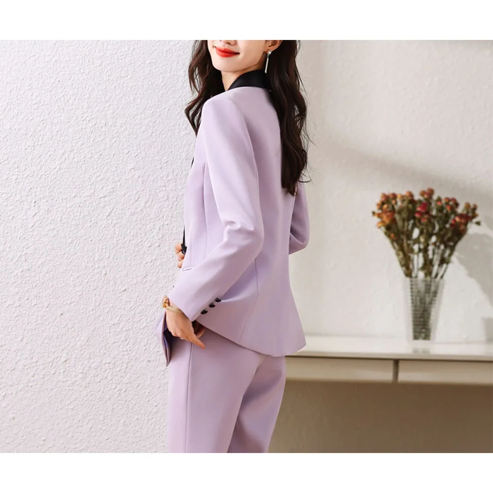 Tesco Purple Women's Suit Black Shawl Lapels Blazer Pants Formal Slim Fit Outfits For Work Interview Wear Pants Set 2 Pi