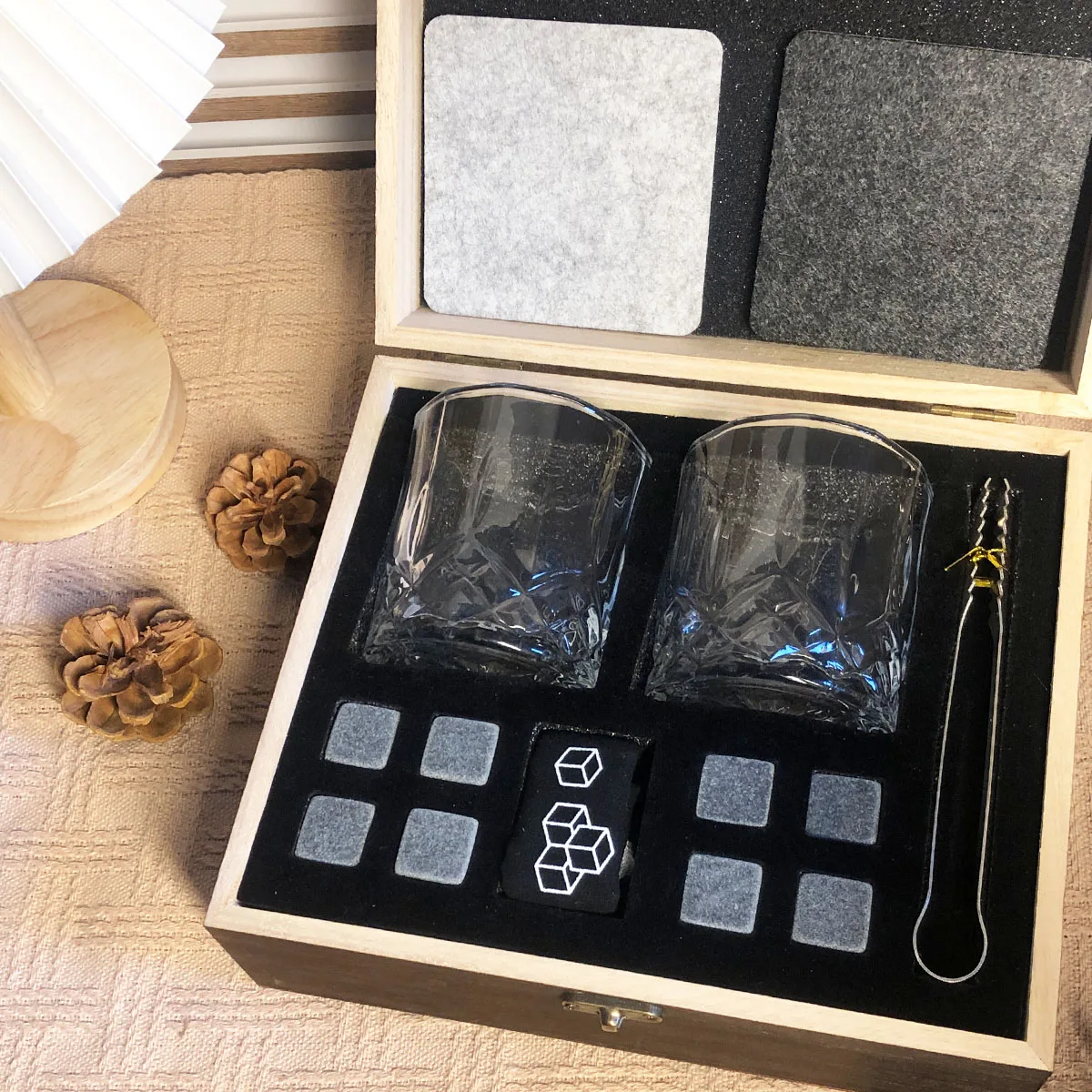 Christmas Valentine's Whiskey Gift Men Father's Present Whiskey Stones Glasses Set Whisky Wooden Box Granite Ice Cube whiskey stones set