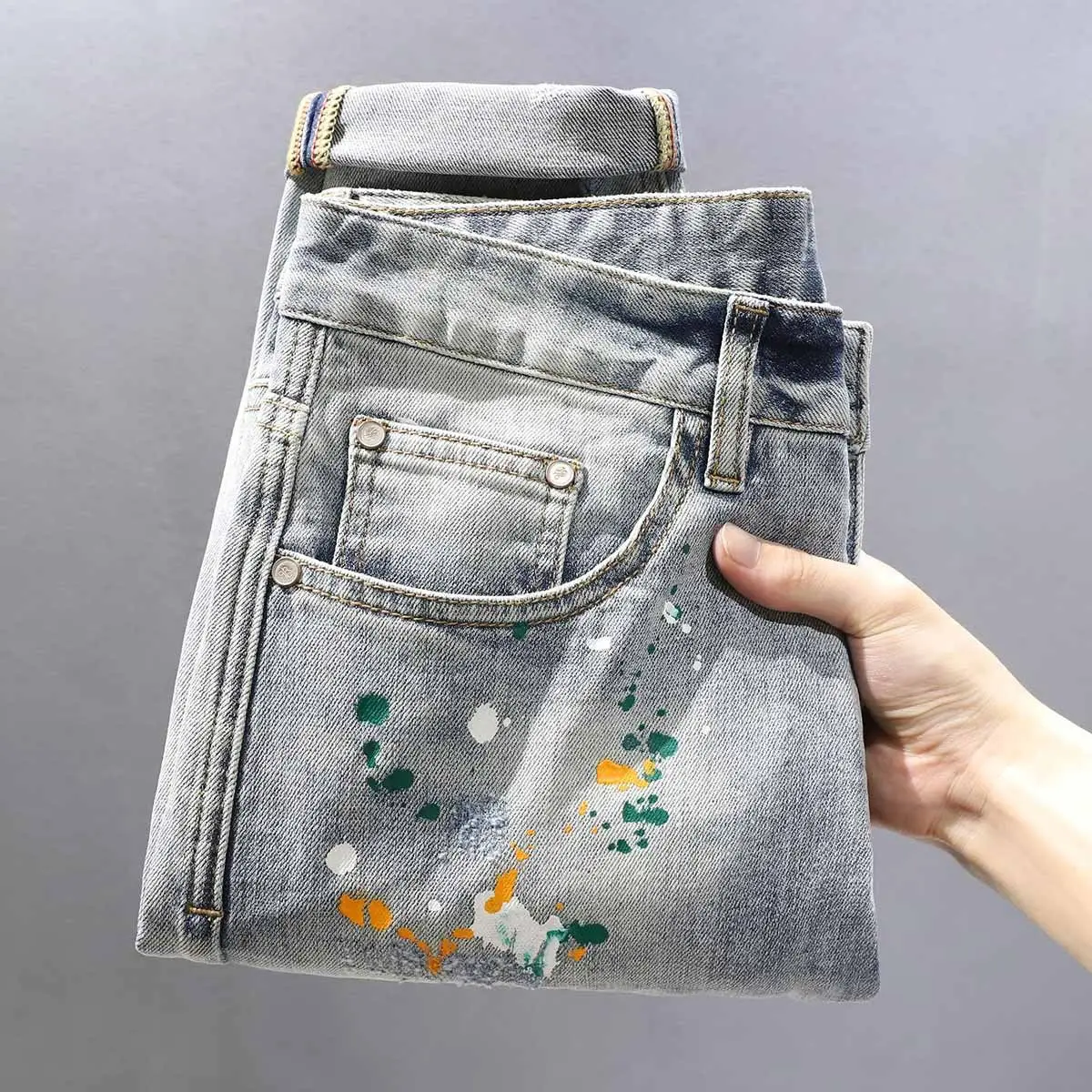 Autumn New Fashion  Men's Scratched  Broken Blue Jeans Trendy Spray Painting Street Slim Fit Small Feet Pants Ripped Men Jeans