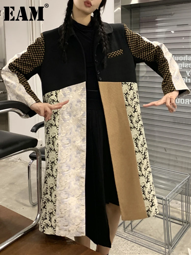 

[EAM] Color-block Pattern Big Size Long Woolen Coat New Lapel Long Sleeve Women Jacket Fashion Tide Autumn Winter 2024 1DH4072