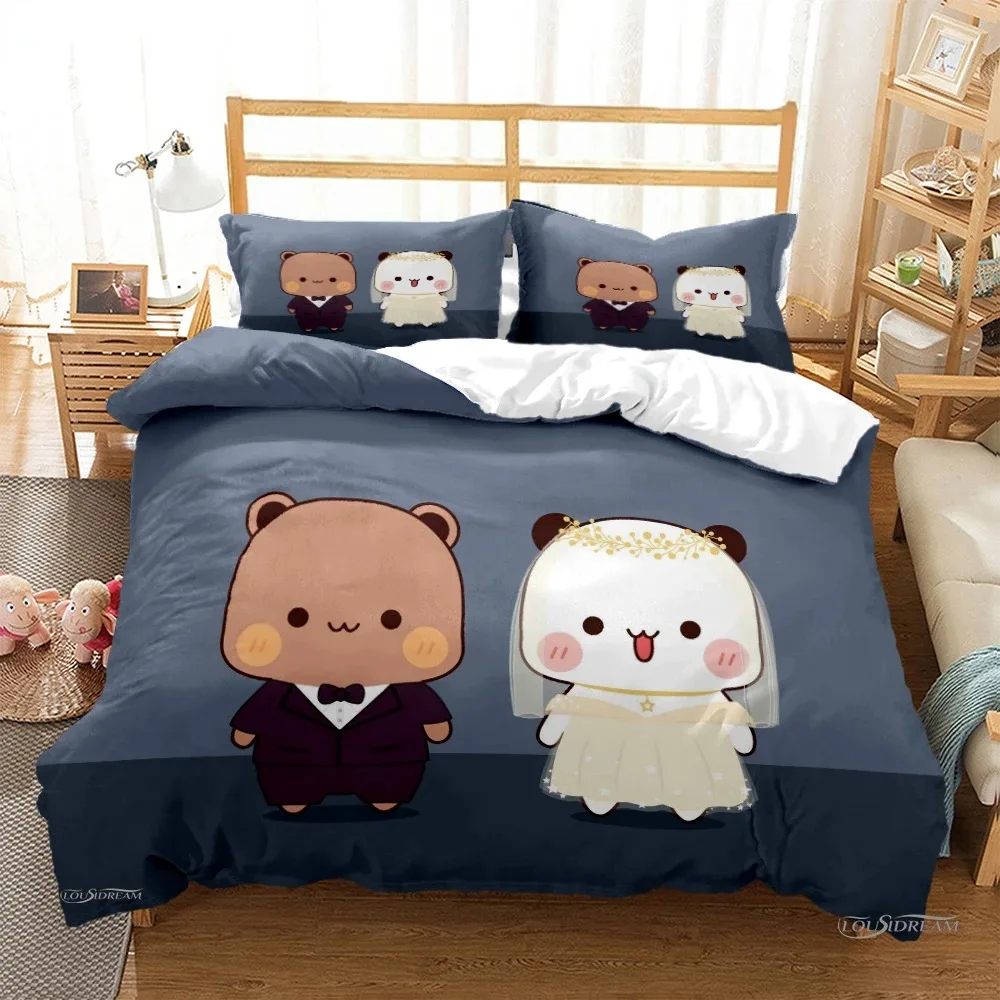 Bubu Dudu Cartoon Bear Panda Duvet Cover Set with kawaii print on queen bed