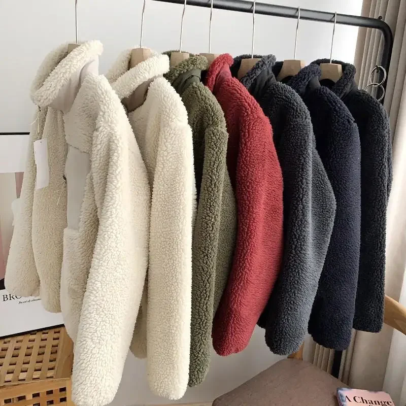 Autumn and Winter Japanese Men's and Women's Fleece Stand Neck Jacket Couple Zipper Loose Warm Lamb Wool Coat Solid Color Jacket 5