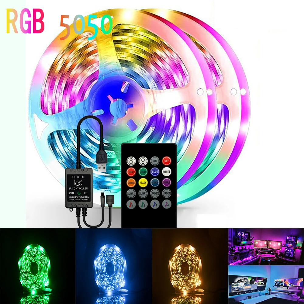 

RGB SMD 5050 LED Strip Light 5V USB Controller With Built-In Microphone, Music Color Changing Suitable For Room Decoration