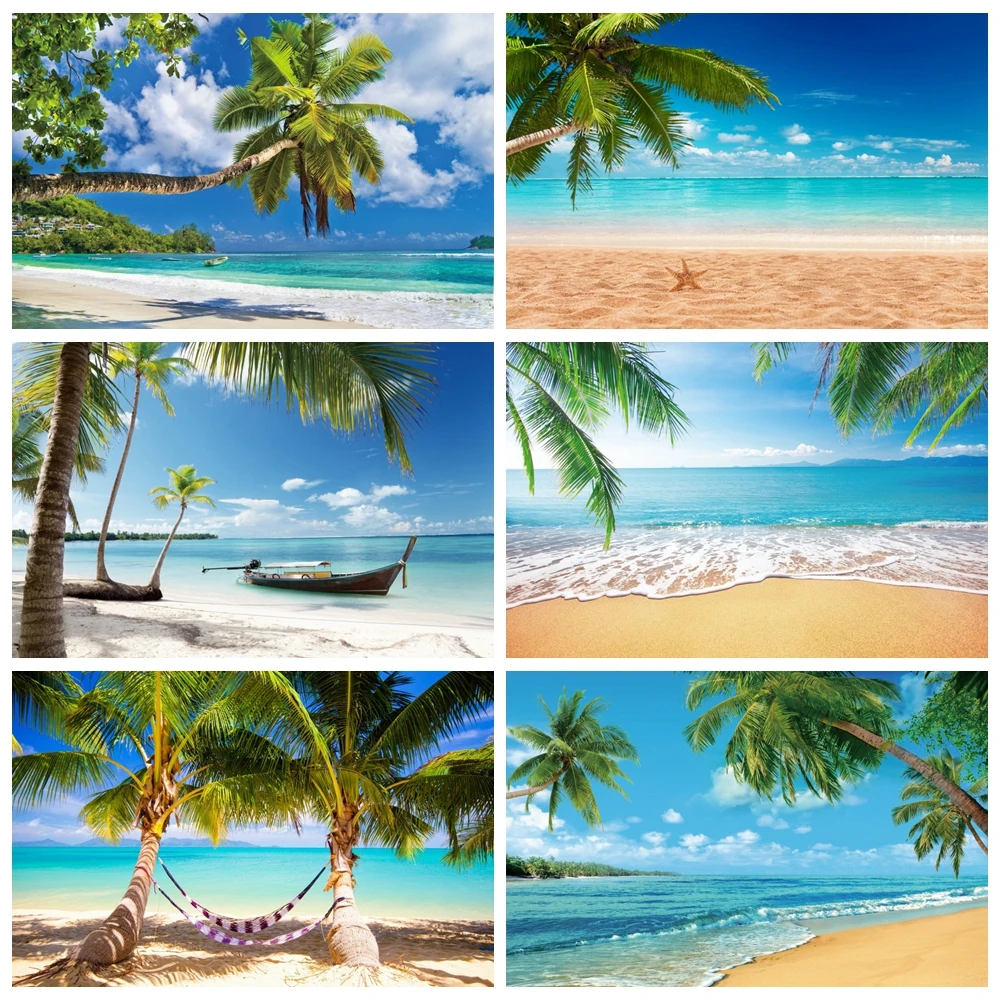 

Summer Tropical Ocean Seaside Backdrop Beach Blue Sky Coconut Trees Surfboard Birthday Party Photography Background Photo Studio