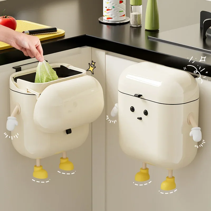 Trash Can 9L/12L Cartoon Hanging Trash Can With Lid Large Capacity No-Drill Wall Mounted Waste Bin Kitchen Bathroom Plastic Includes Hooks
