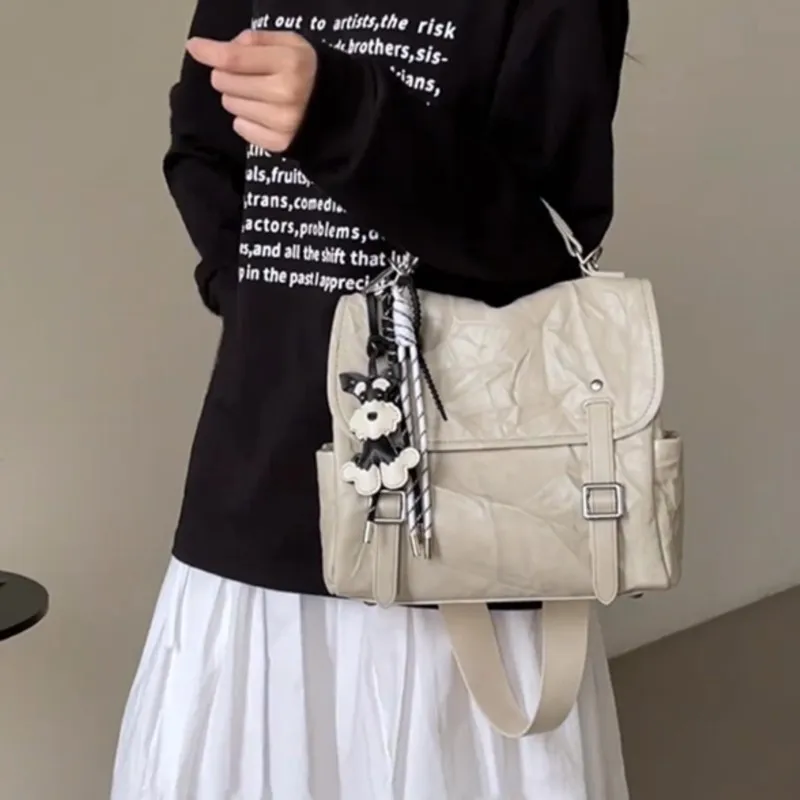 Korean Niche Backpack Women Wrinkled PU Leather Large Capacity Rucksack Ladies Minimalist Casual Versatile Mochilas Mujer 2025