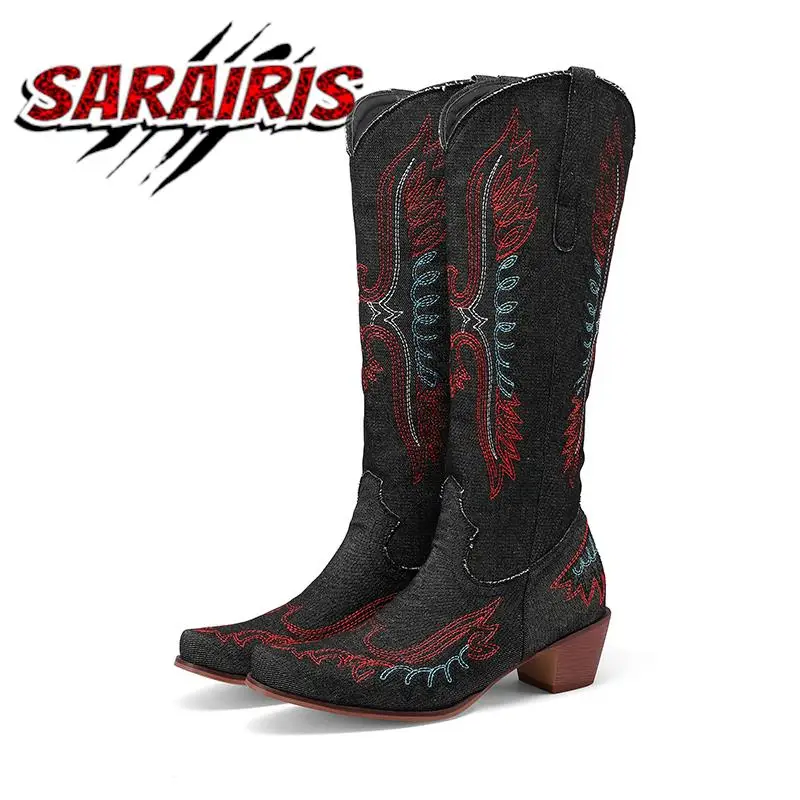 

SARAIRIS Fashion Ethnic Denim Knee High Women Boots Pointed Toe Square Heel Style Embroidery Pattern Spring Autumn Female Shoes