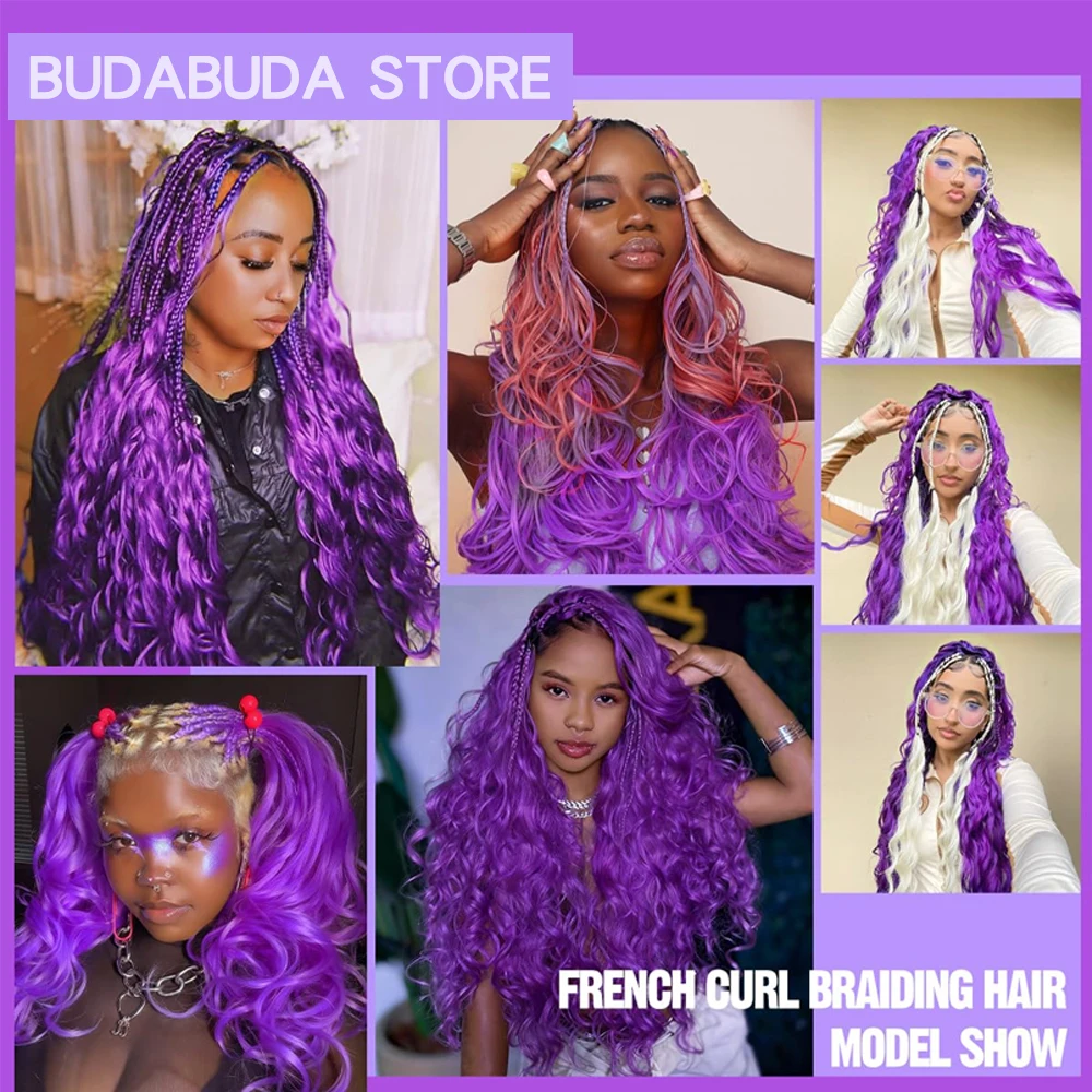 French Curly Braiding Hair 22Inch Bouncy Purple Braiding Hair Pre Stretched Synthetic Loose Wavy Crochet Braids Hair Extensions 6