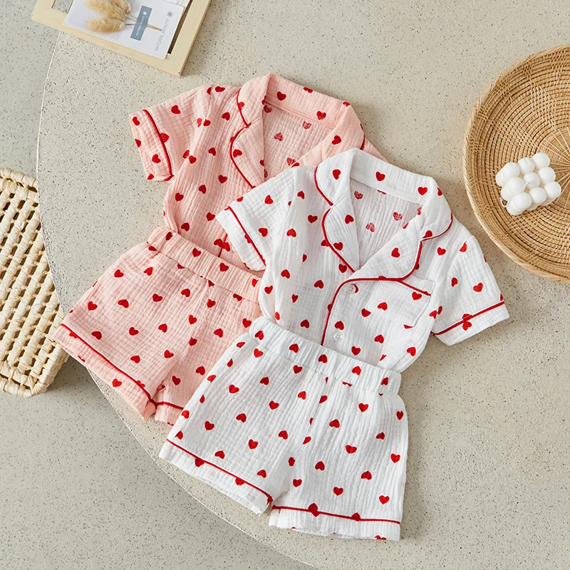 

Suefunskry Toddler Baby Girl Pajama Set Lapel Neck Button Down Short Sleeve Tops + Elastic Waist Heart Print Shorts Sleepwear