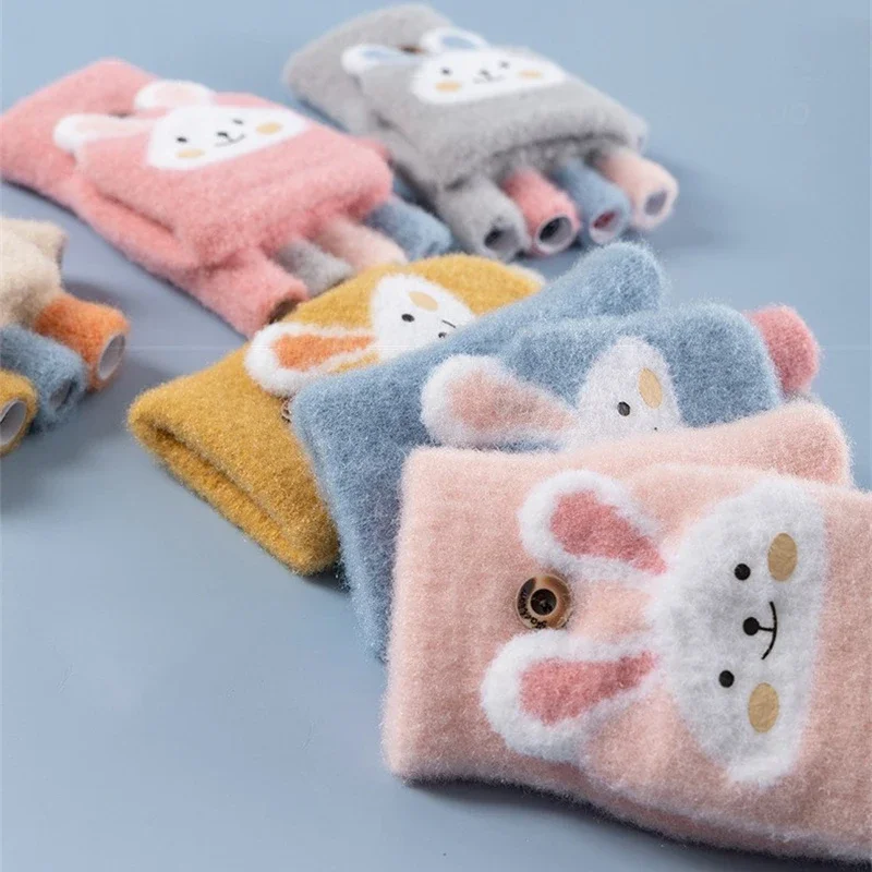 Children Five Finger Gloves Winter Boy Thickened Half Finger Mittens Girl Kid Knitted Mitten Cartoon Warm Flip Gloves