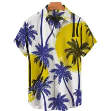 

2022 Men's Coconut Tree Print Hawaiian Shirts Summer Fashion Casual Loose Linen Short Sleeve Beach Tops 5xl