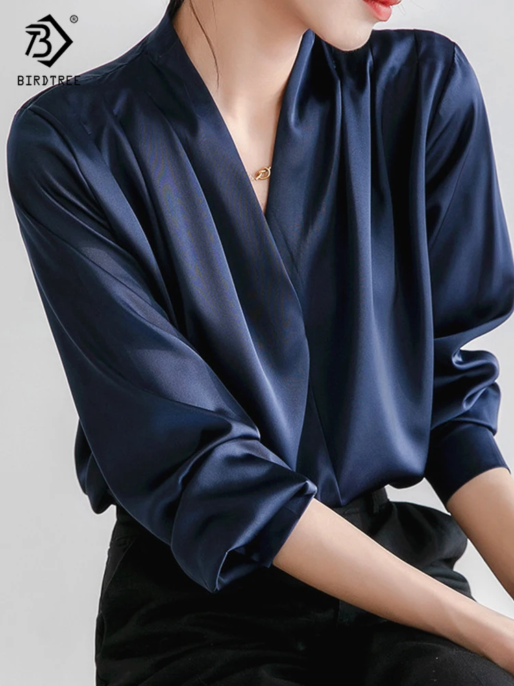 New Arrival Women Elegant Satin Blouse, Lantern Sleeve V-Neck Office Navy Shirt, Vintage Autumn Casual Tops T24401X