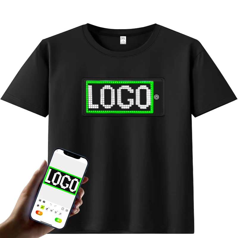 Custom Clothing Light Up T-Shirt Black LED Flashing Glow In The Dark Party Festival Short Sleeve LED T Shirt APP Programmable