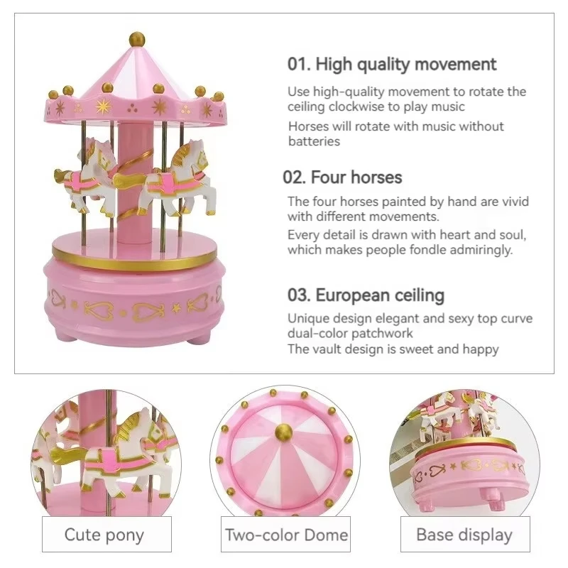 1pc Luxury Carousel Music Box 4 Horses Rotate Rotation Romantic Luxury Carousel Toys Handwork Music Box Gifts 3