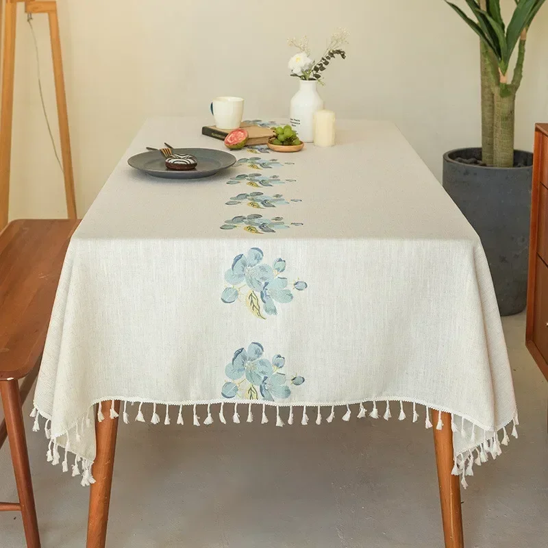 

Fashion Hot Sale embroidery color long Flower Designjacquard tablecloth Rural table cloth tablecloth end table mat cotton linen