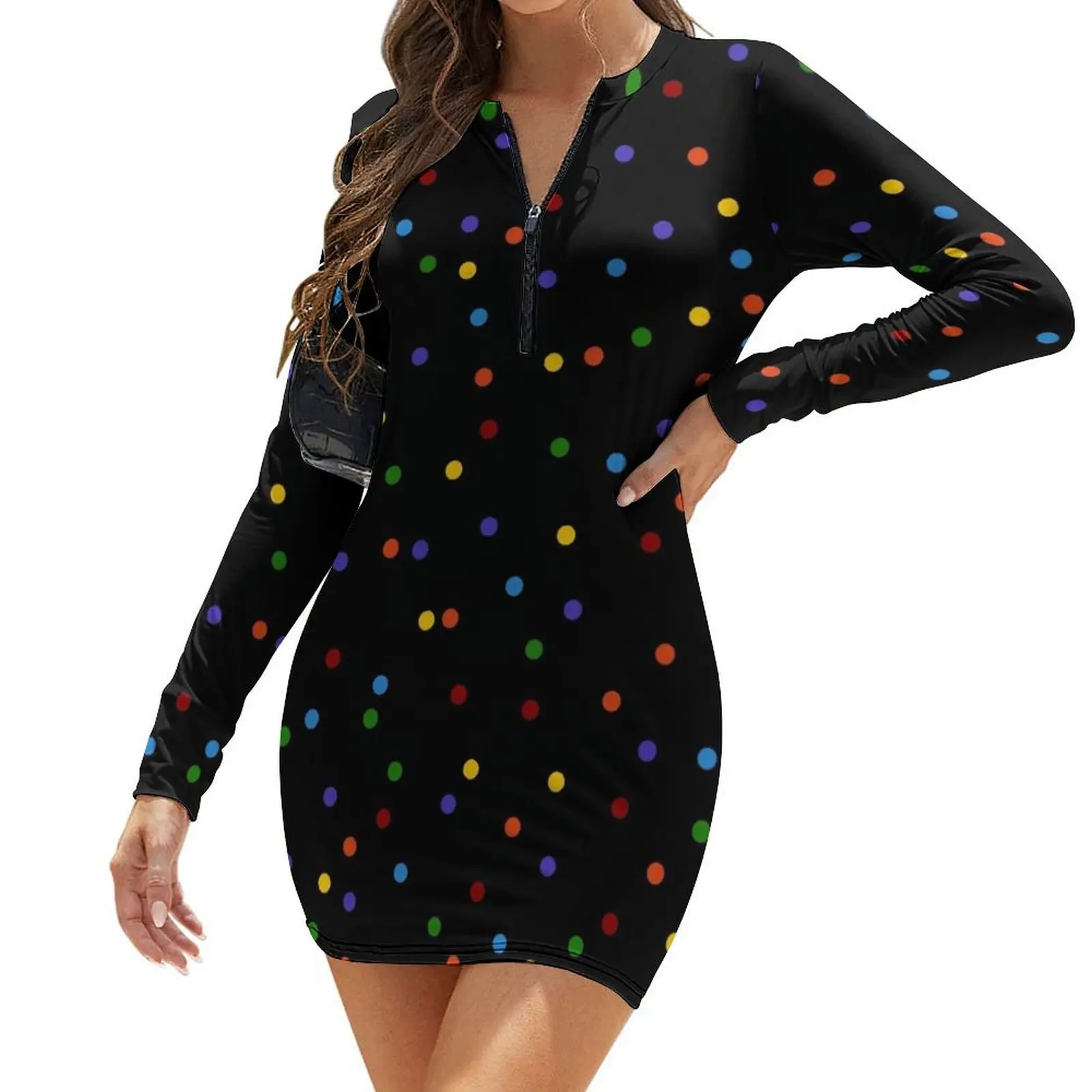 

Rainbow Polka Dots on Black Background Long-Sleeve Bodycon Dress dresses summer Summer skirt loose summer dress
