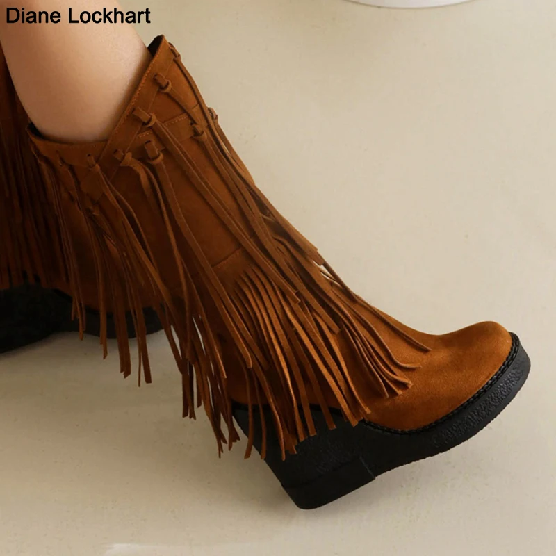 

Autumn Winter New Fashion Ethnic Woman Bohemian Flock Tassle Hidden Moccasin Wedge Mid-Calf Boots Fringe Female Slip On Shoes