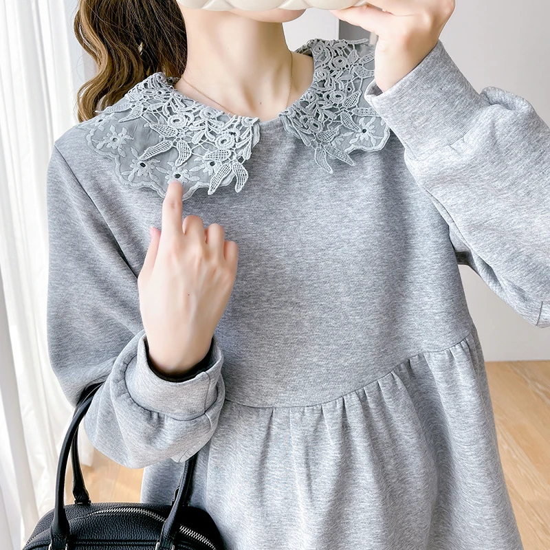 Spring New Pregnant Woman's Long Sleeved Doll Shirt Sweet Lace Peter Pan Collar Long Lantern Sleeve Maternity Blouses Tops