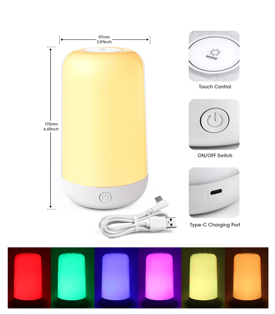 Bluetooth Smart Touch Bedside Table Lamp Dimmable RGB LED Night Light Rechargeable kids Desk Lamp Camping Room Atmosphere Decor