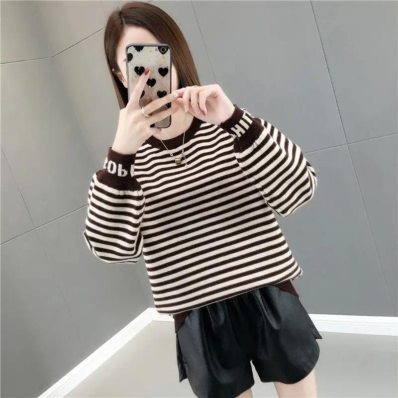 Fashion Letter Knitted Striped Sweatshirts Female Clothing 2023 Autumn Winter New Oversized All-match Tops Casual Sweatshirts