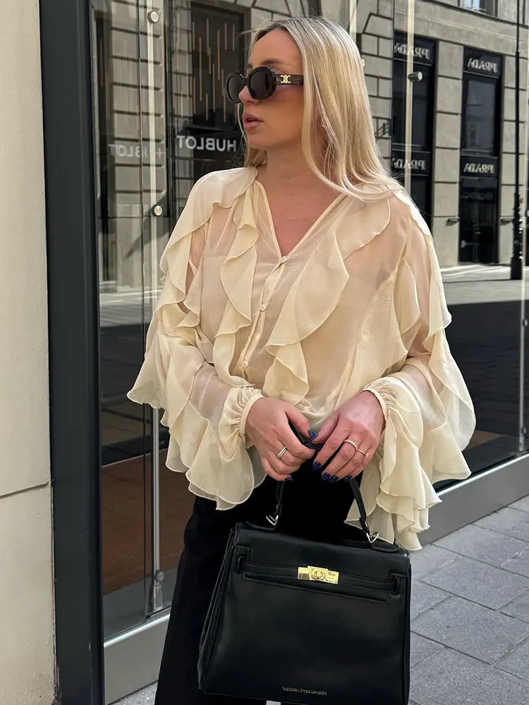 HH Women Fashion Translucent Ruffles Blouses Elegant Solid V Neck Single Breasted Shirts Spring Summer Hollow Out Chic Tops