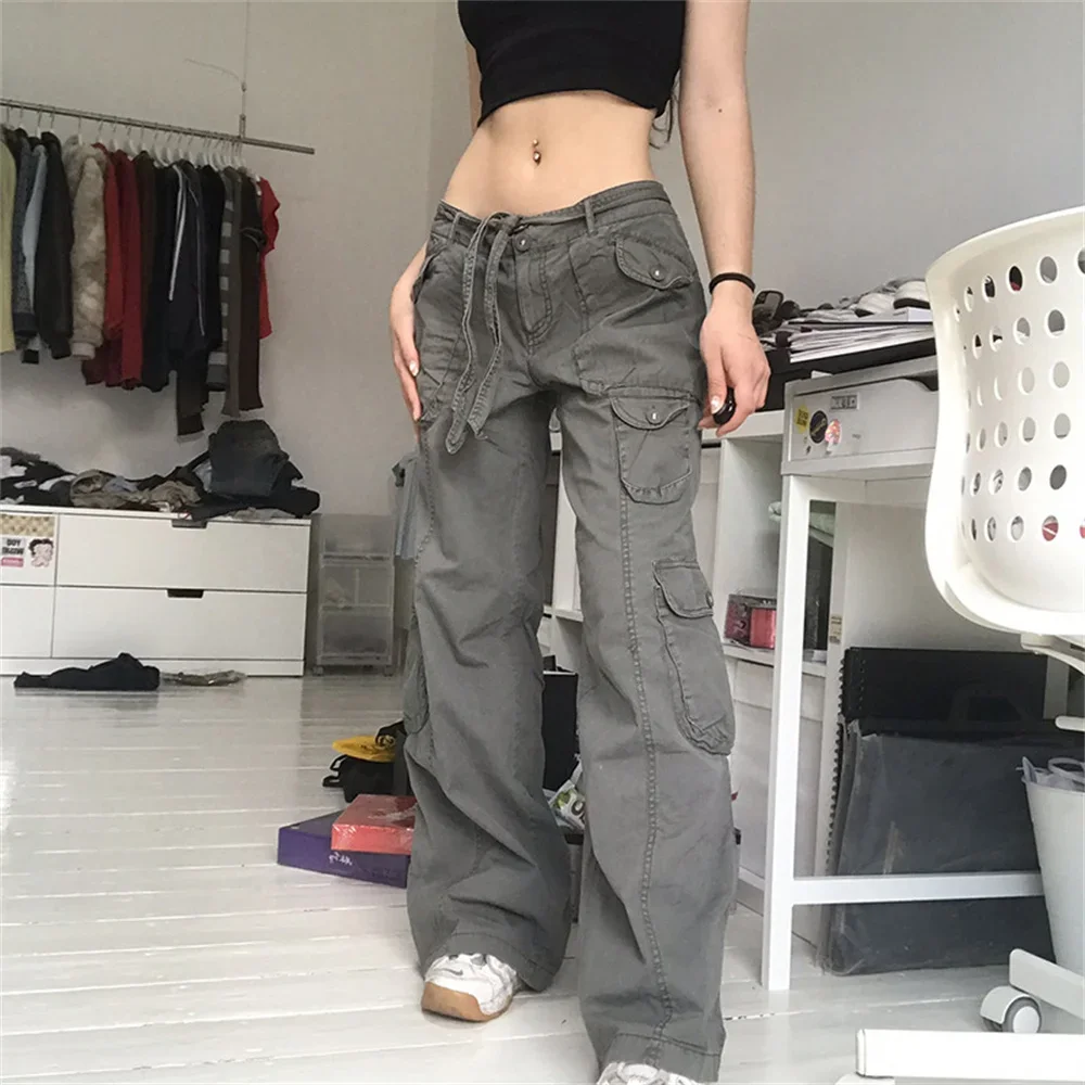 Women New Cargo Pants High Street Retro Overalls Casual Baggy Straight Trousers Wide Leg Pockets Joggers Trousers Y2k Streetwear women star leaves print retro pattern romper sling square collar backless pockets wide leg overalls loose fit jumpsuit