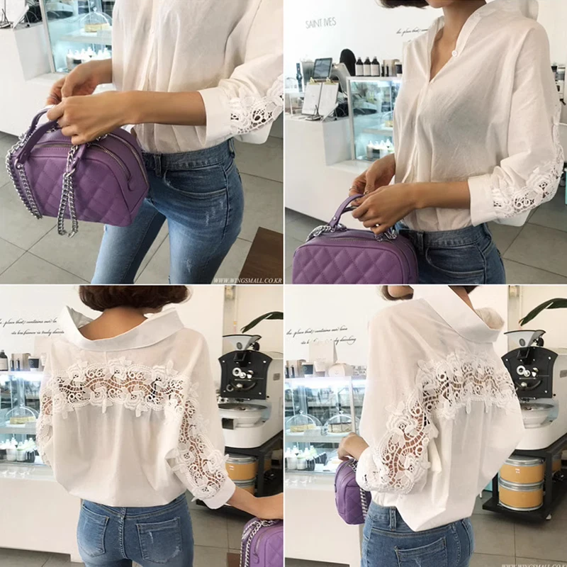 Women's Sexy Hollow Out Lace Blouse Backless Shirt Loose White Office Blouse Ladies Casual Tops Summer Spring Fashion 1310