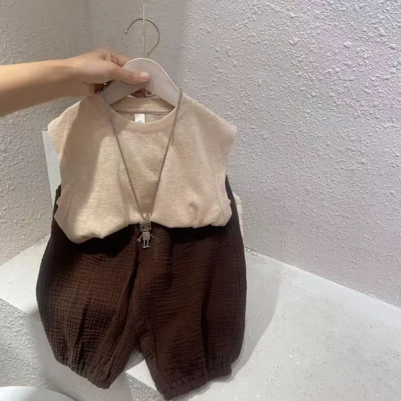 1-7Yrs 2Pcs Boys Girls Clothing Sets 2025 Summer Baby Cotton Clothes Gauze Loose Outerwear Children Camisole Pants Outfits Suits 3