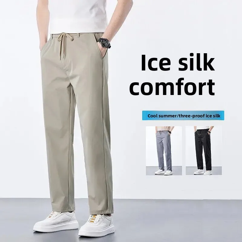 الرجال الصيف رقيقة الحرير الجليد سراويل تقليدية رياضي عصري مستقيم الساق السراويل الطويلة الكورية نمط كبير الحجم مريحة الترفيه Trous