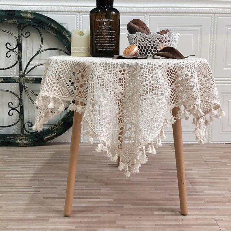 

Vintage Crochet Lace Tablecloth,Korea Style,Elegant Tassel, Coffee Table Cloth for Home, Diamond Plaid Pattern,Squre tablecloth