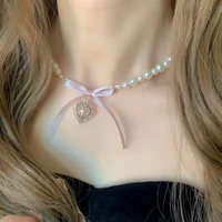 Kpop Goth – collier ras du cou avec nœud en ruban rose, Imitation de perles, Y2K, doux et mignon, pendentif en forme de cœur, chaîne de clavicule, bijoux Lolita pour filles 1