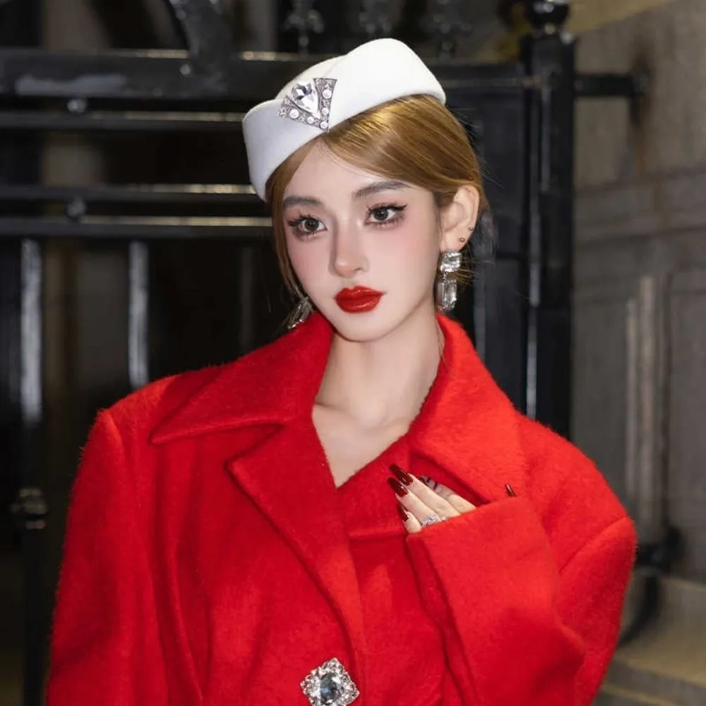 New Rhinestone Top Hat Cashmere Wool French Vintage Pillbox Hat Casual Headwear Party Dress