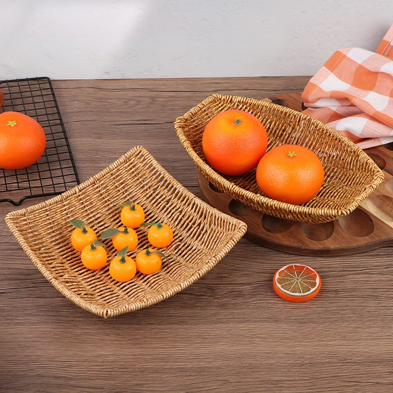 Square Oval Rattan Fruit Bread Snacks Storage Tray Coffee Bar Display Basket Nordic Desktop Cosmetic Sundries Organizer