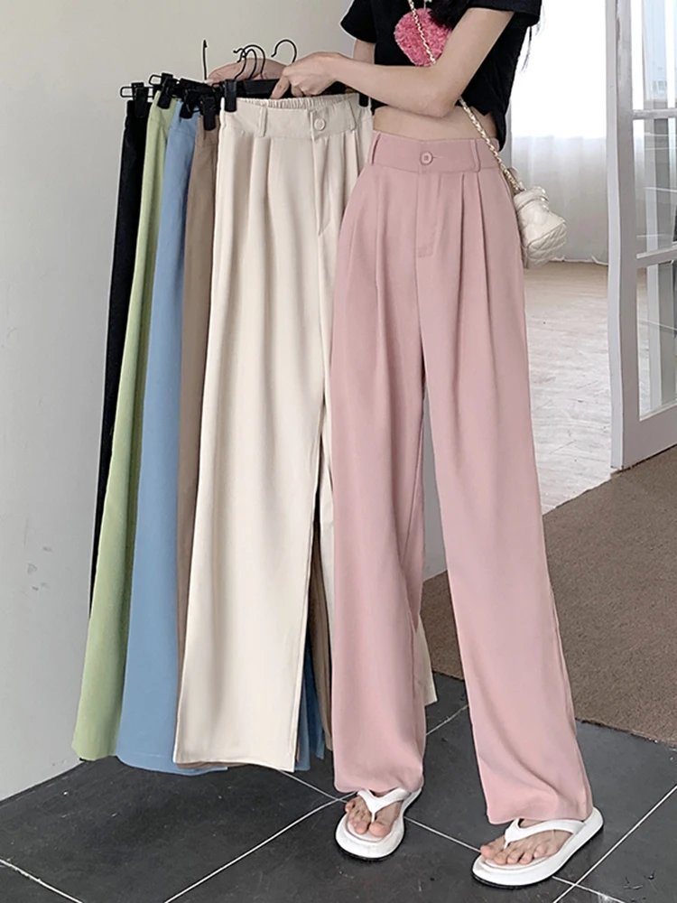 Women High Waist Loose Casual Pants Korean Style Solid Color All-match Ladies Straight Trousers