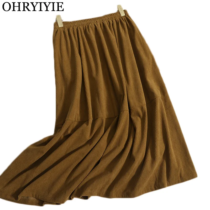 

OHRYIYIE Autumn Winter Midi Long Corduroy Skirt Women Vintage Elegant Solid Skirt Female High Waist A Line Mid-length Skirt Lady