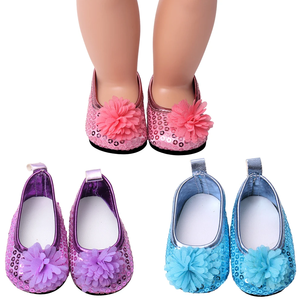 

18 Inch Girls Doll Shoes Shiny Princess Dress Shoes Floral Shoes American Newborn Shoe Baby Toys Fit 43 Cm Baby Dolls s153