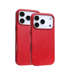 Magnetic Leather Texture MagSafe Phone Case with Alloy Lens Bumper Cover - iPhone 15 (Red)
